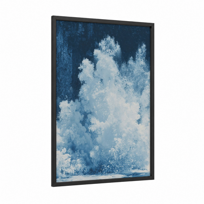 Icy Fountain Surge framed fountains print — black wood frame — blue and white palette