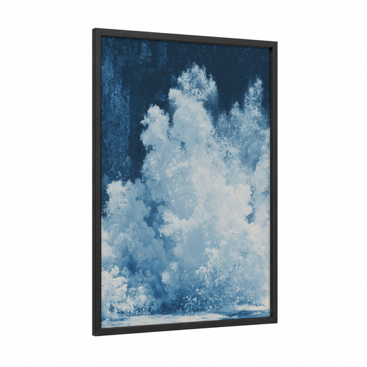Icy Fountain Surge framed fountains print — black wood frame — blue and white palette