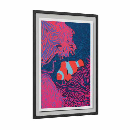 Neon Clownfish framed clown fish print — black wood frame — red and dark blue palette