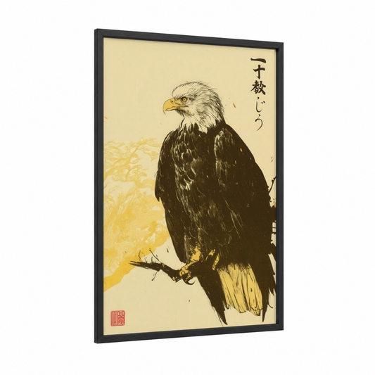 Golden Eagle Portrait framed art print — black wood frame — cream and black and gold palette