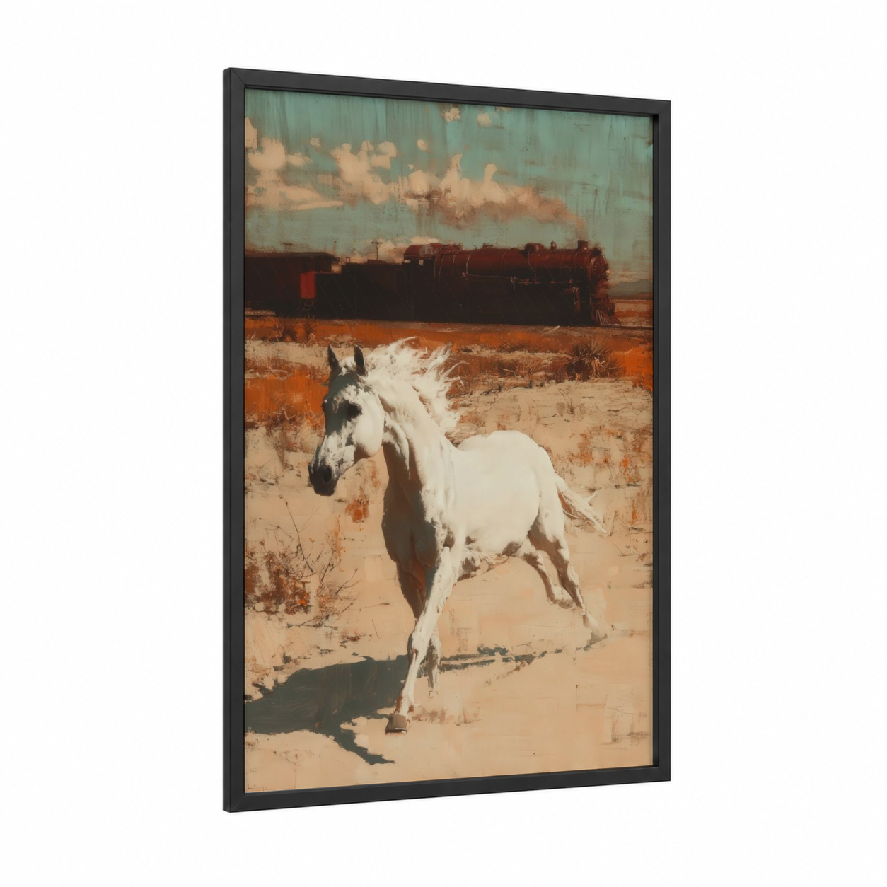 Desert Arabian framed arabian horse print — black wood frame — russet and sage green palette
