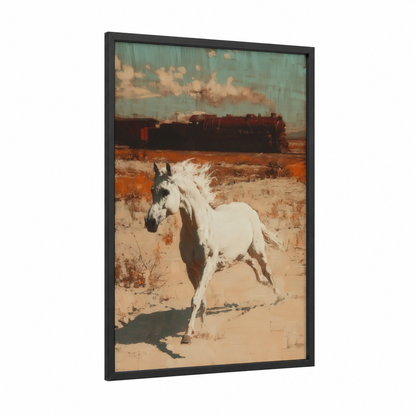 Desert Arabian framed arabian horse print — black wood frame — russet and sage green palette