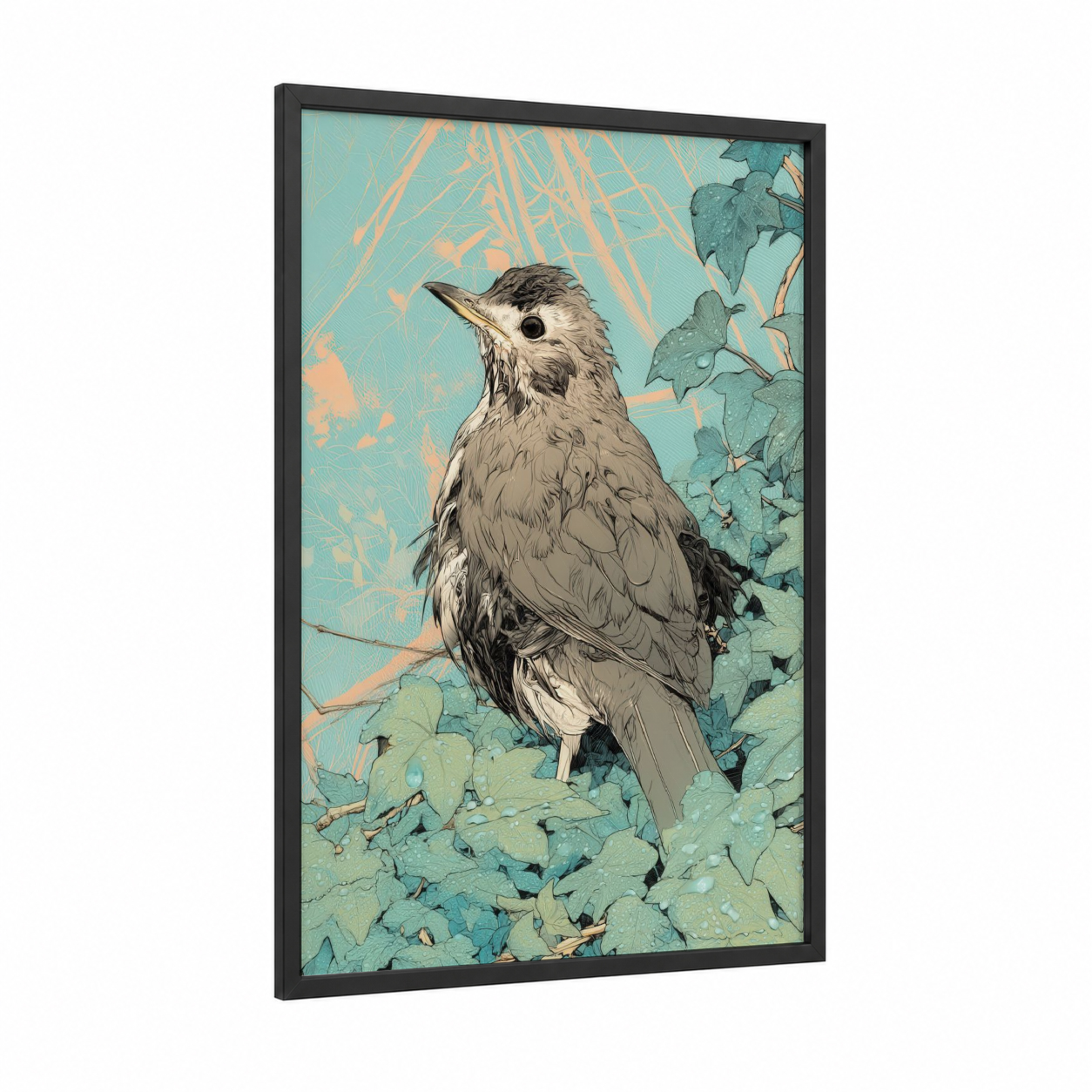 Garden Thrush framed art print — black wood frame — turquoise and peach palette