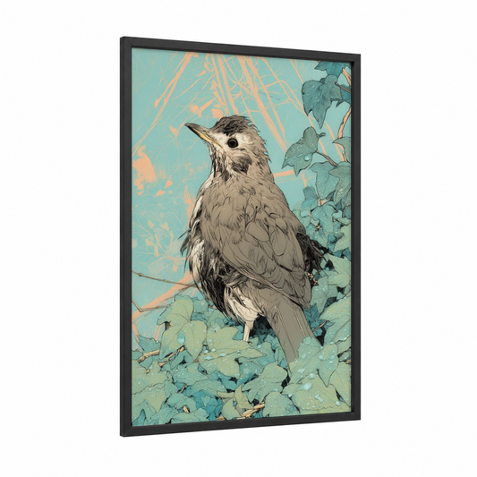 Garden Thrush framed art print — black wood frame — turquoise and peach palette