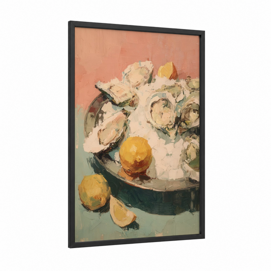 Coastal Seafood Still Life framed art print — black wood frame — peach and yellow gold palette