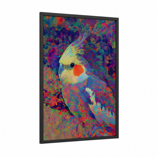Neon Cockatiel framed art print — black wood frame — magenta and true green palette