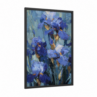 Purple Iris Blooms framed art print — black wood frame — blue and gold palette