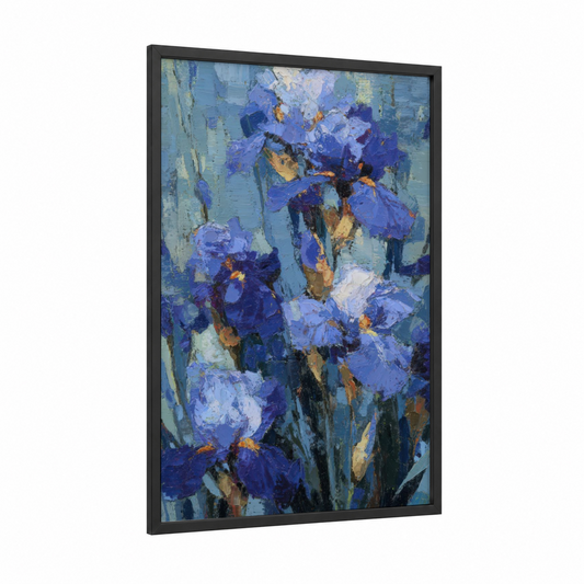 Purple Iris Blooms framed art print — black wood frame — blue and gold palette