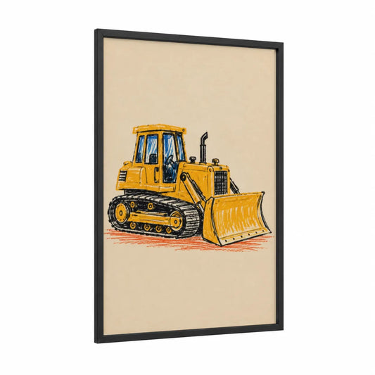 Yellow Bulldozer Sketch Wall Art framed truck print — black wood frame — yellow and beige palette