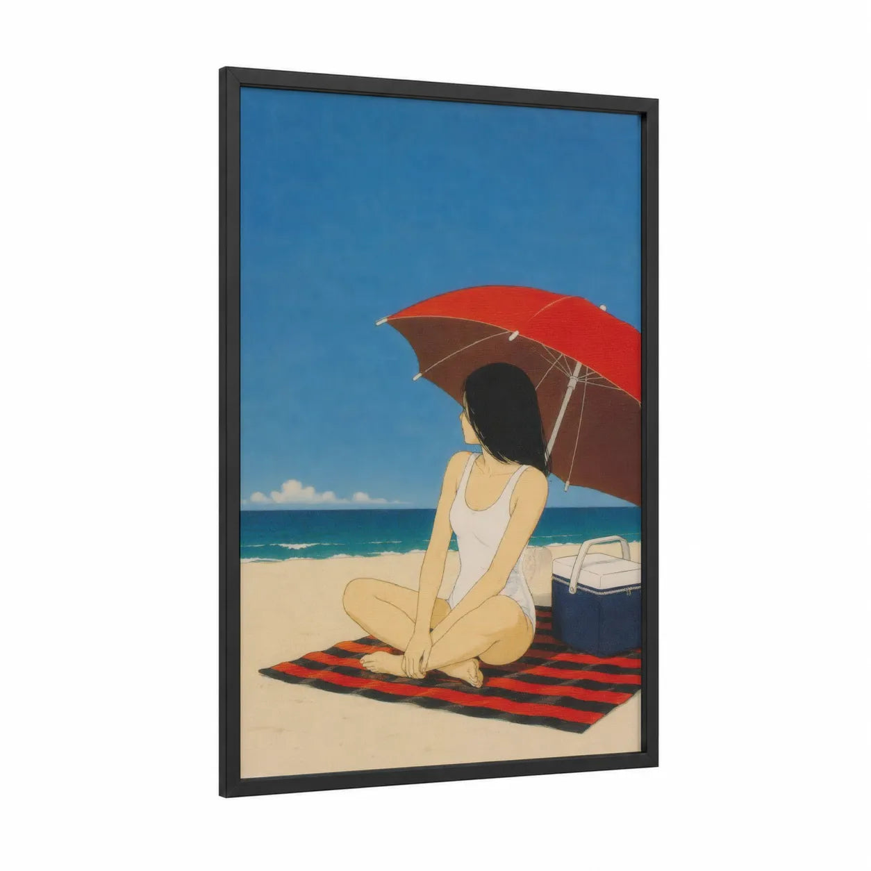 Tranquil Beach Relaxation Wall Art framed sandy beach print — black wood frame — blue and red palette