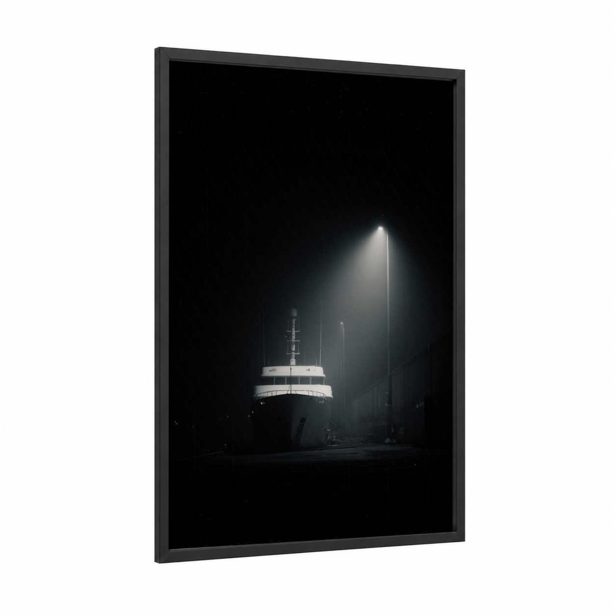 Midnight Yacht framed yacth print — black wood frame — black and white and gray palette