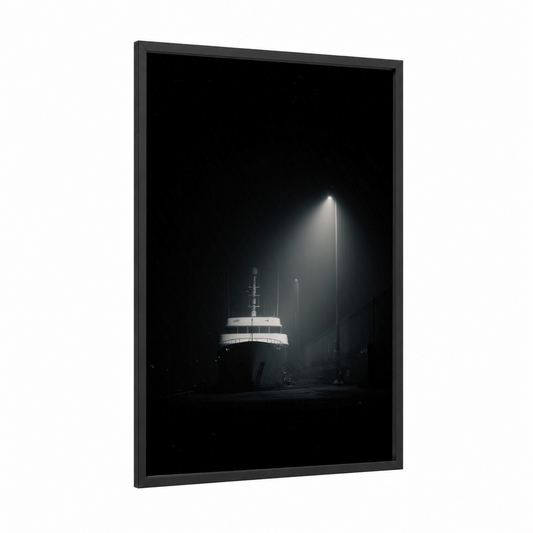 Midnight Yacht framed yacth print — black wood frame — black and white and gray palette