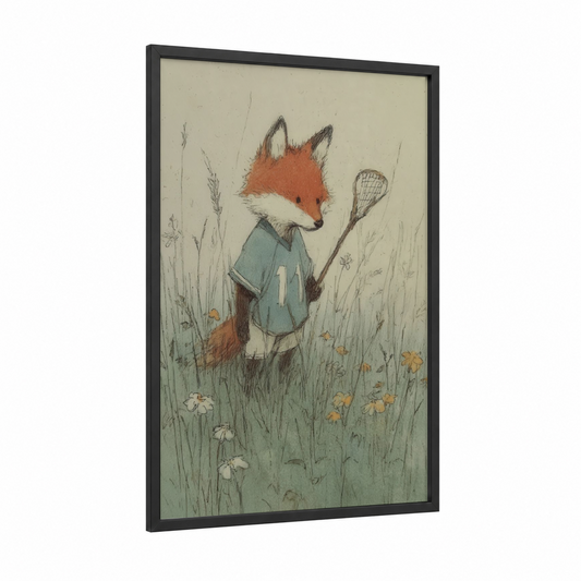 Athletic Fox framed lacrosse print — black wood frame — sage green and peach palette