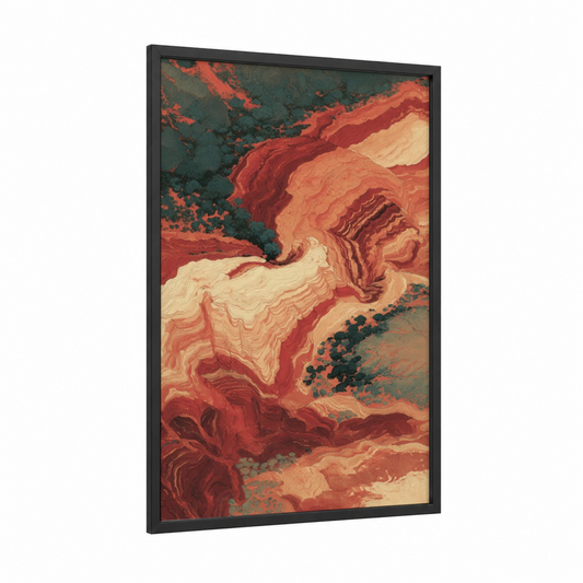 Crimson Canyon framed art print — black wood frame — red and dark green palette