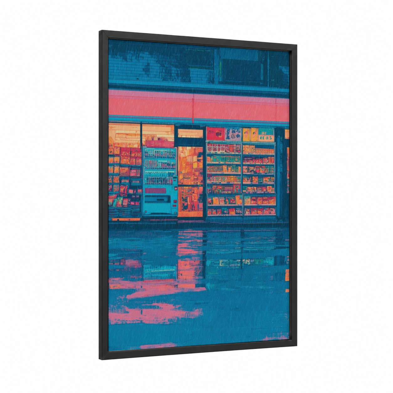 Neon Store Front framed art print — black wood frame — blue and teal palette