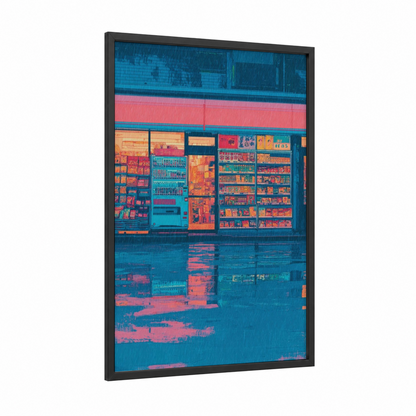 Neon Store Front framed art print — black wood frame — blue and teal palette