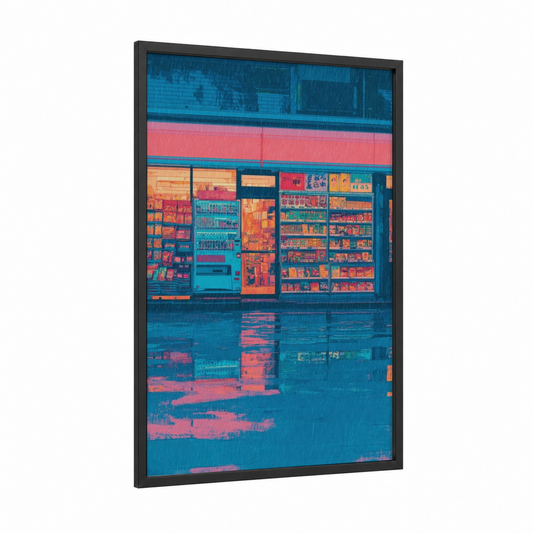 Neon Store Front framed art print — black wood frame — blue and teal palette