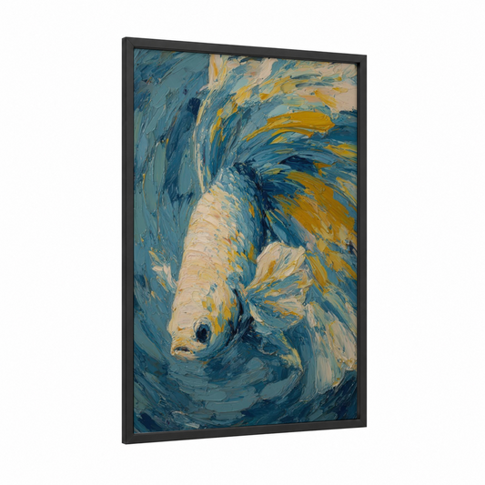 Golden Betta Flow framed betta fish print — black wood frame — blue and gold palette