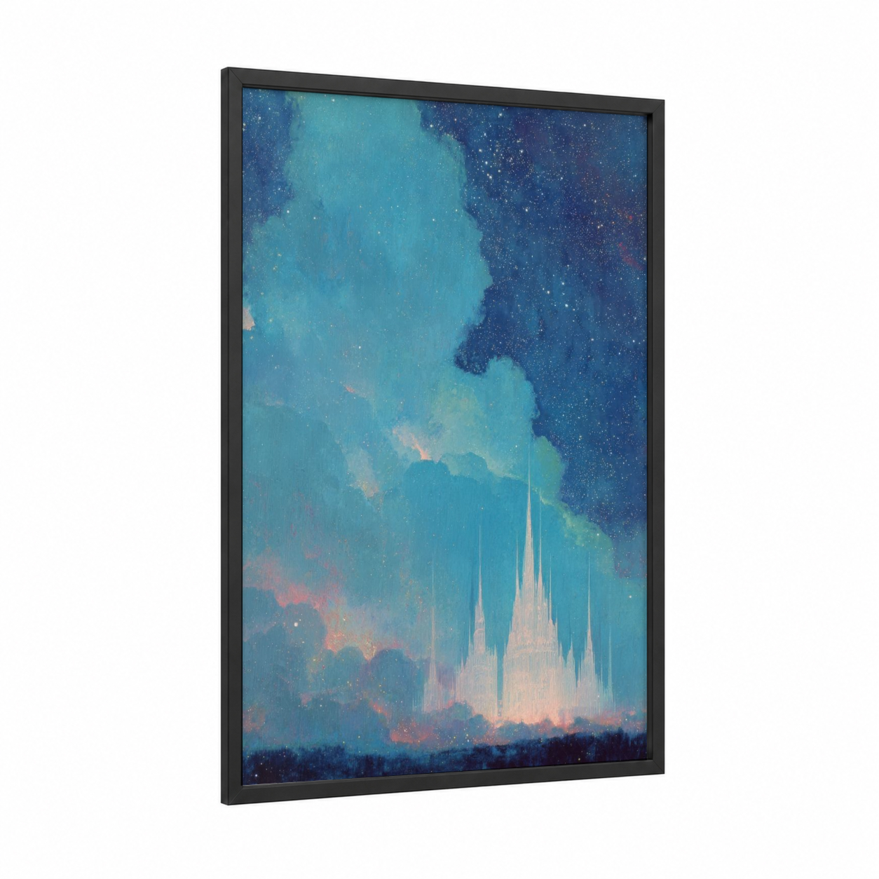 Ethereal Castle Dawn framed art print — black wood frame — turquoise and blue and gold palette