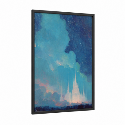 Ethereal Castle Dawn framed art print — black wood frame — turquoise and blue and gold palette