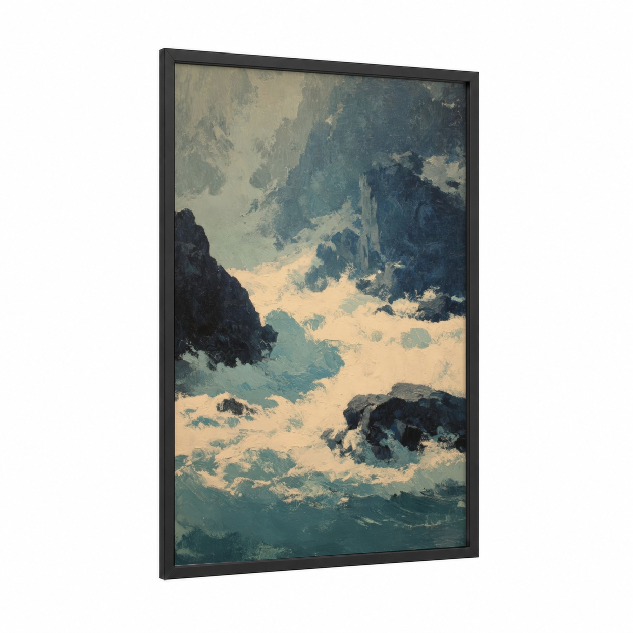 Alpine Glacier framed art print — black wood frame — blue and white and gray palette