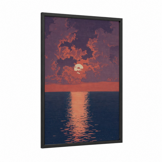 Crimson Sunset Reflection framed the sun print — black wood frame — orange and royal blue palette