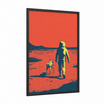 Martian Explorer framed astronaut print — black wood frame — red and dark blue palette