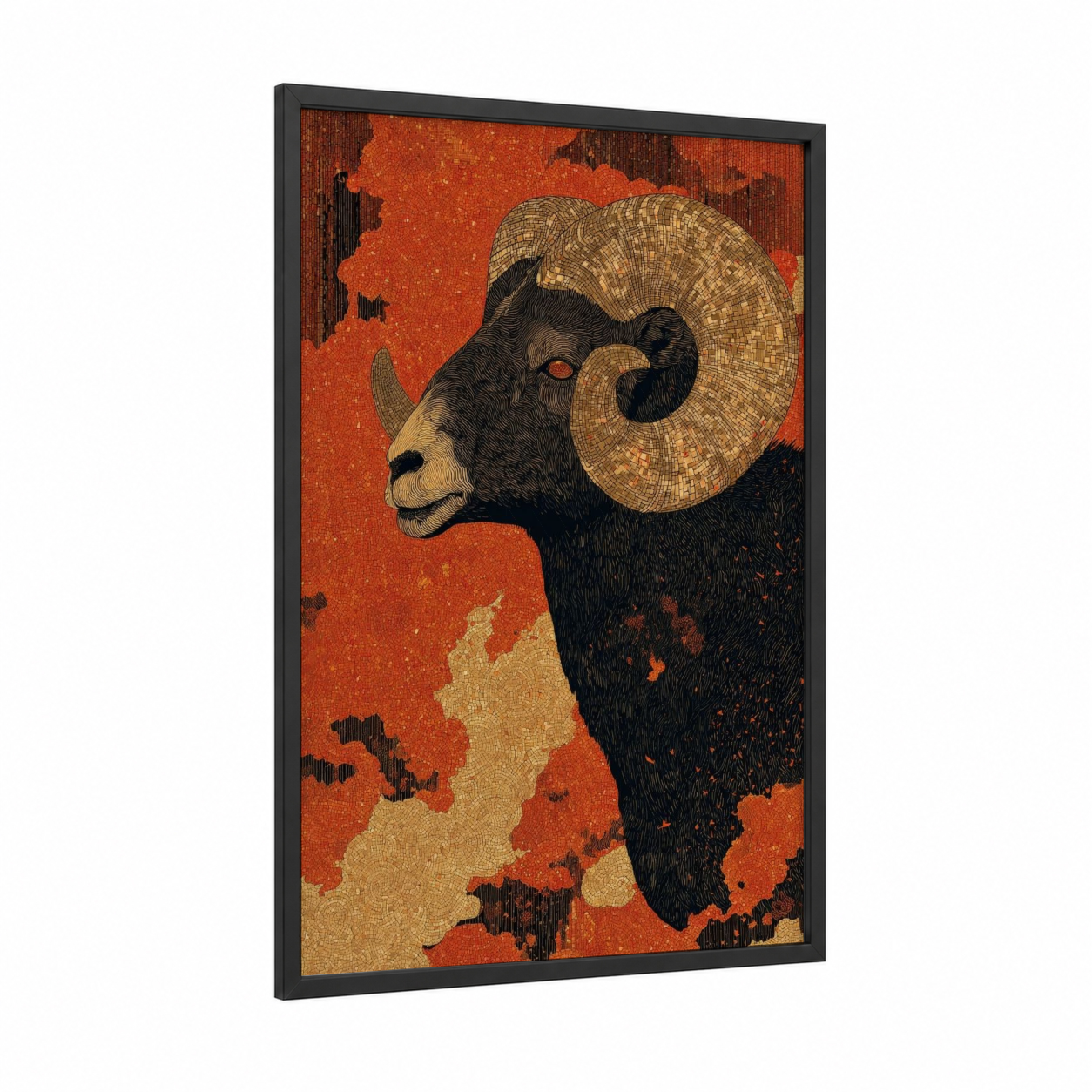 Celestial Ram framed aries print — black wood frame — red and gold palette