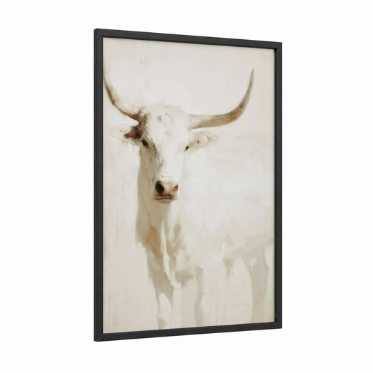 Horned Bull Portrait framed art print — black wood frame — cream and white palette