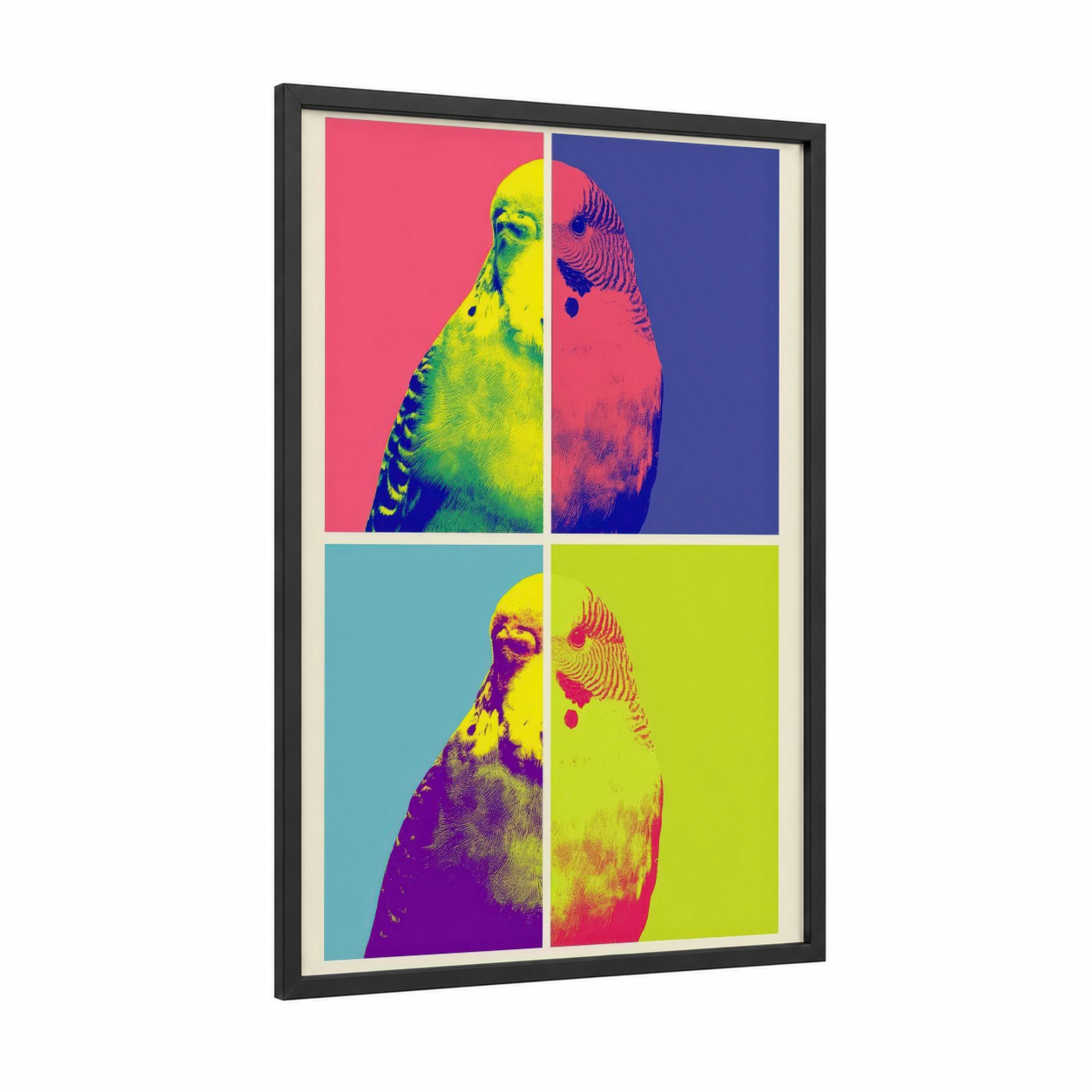 Vibrant Budgie Pop framed budgeridar print — black wood frame — magenta and lime green palette