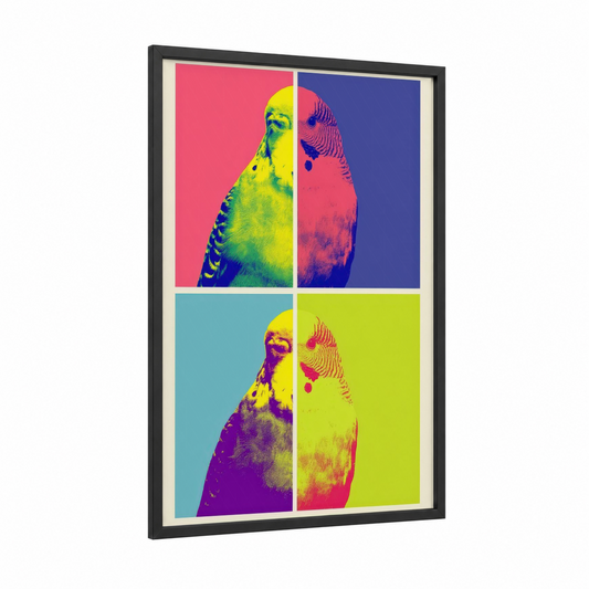 Vibrant Budgie Pop framed budgeridar print — black wood frame — magenta and lime green palette