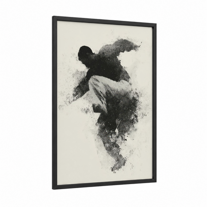 Dynamic Capoeira Kick framed art print — black wood frame — black and white palette