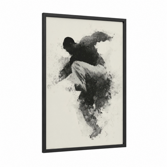 Dynamic Capoeira Kick framed art print — black wood frame — black and white palette