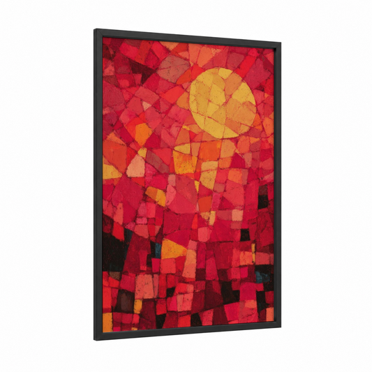 Crimson Solar Mosaic framed the sun print — black wood frame — red and orange palette