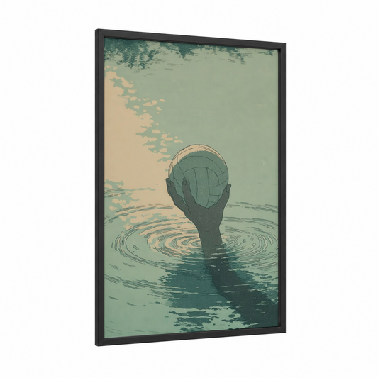 Rising Athlete framed water polo print — black wood frame — teal and peach palette