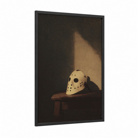 Goalie Mask Study framed ice hockey print — black wood frame — black and cream palette