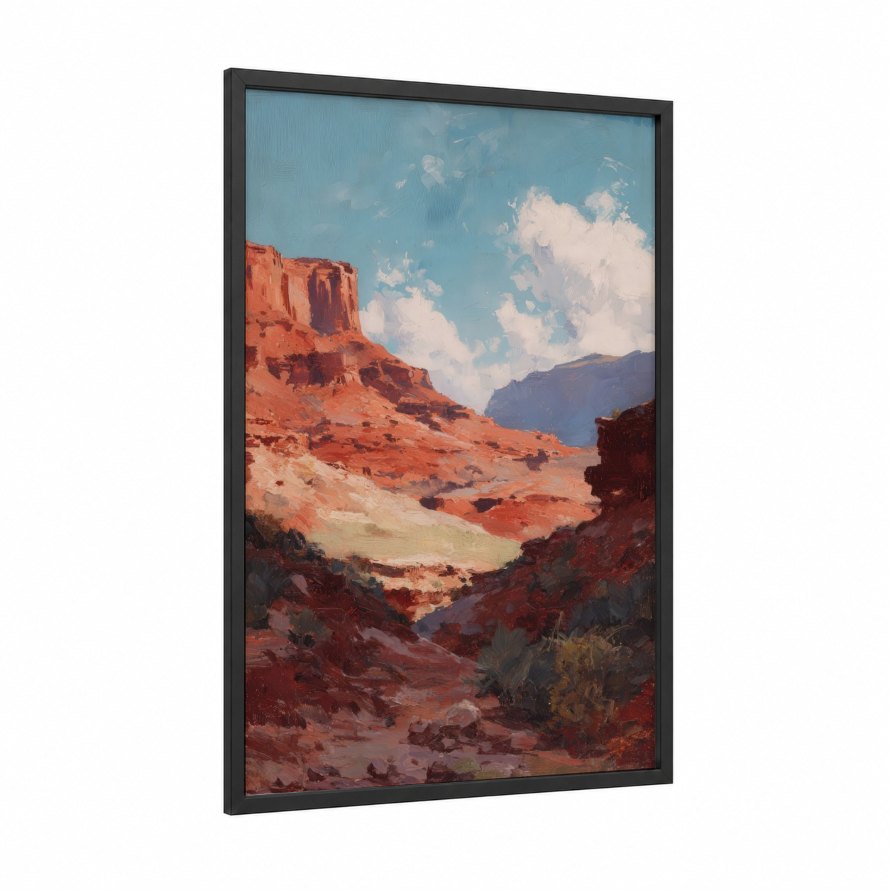 Crimson Canyon Cliffs framed art print — black wood frame — russet and blue palette