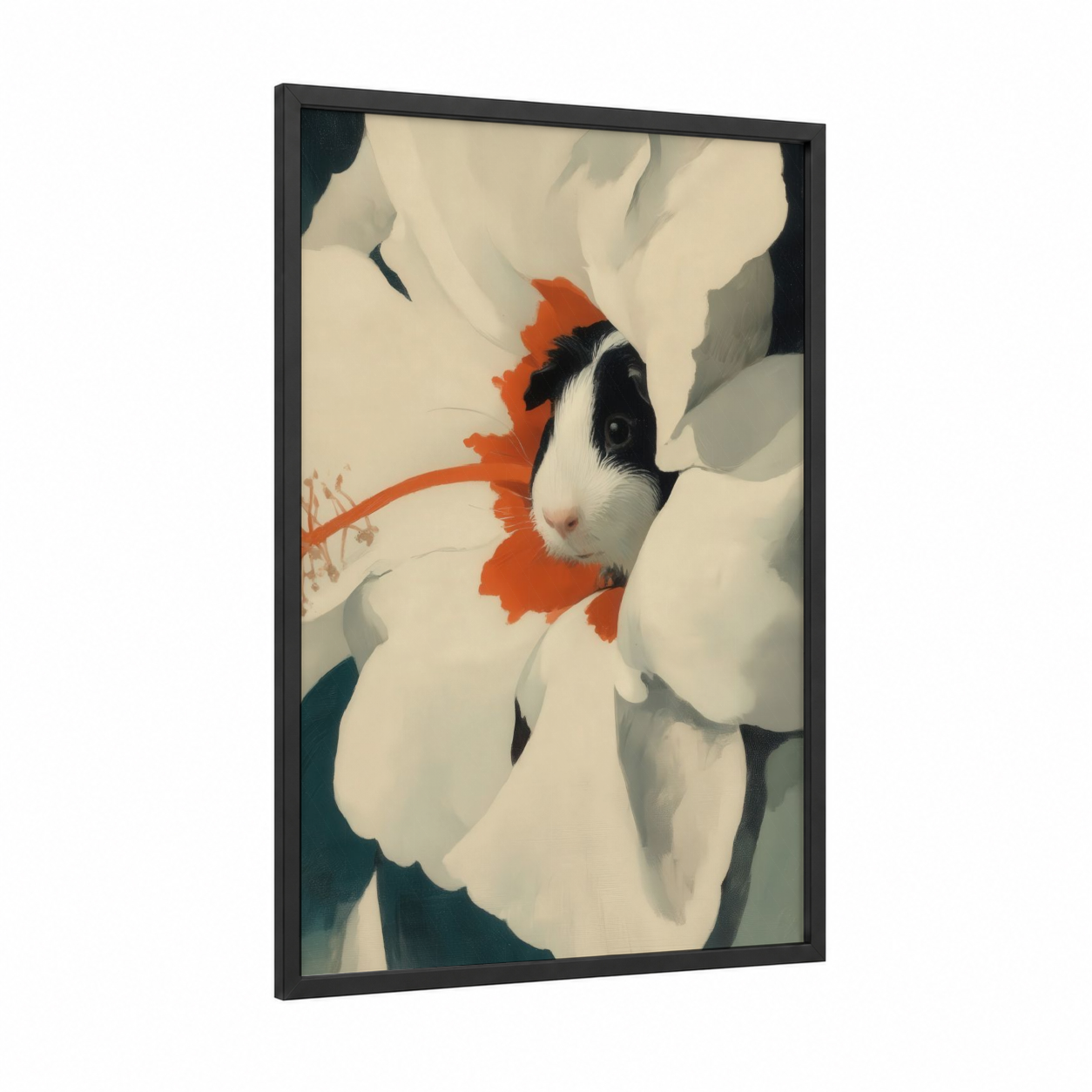 Floral Guinea Pig framed art print — black wood frame — cream and peach palette