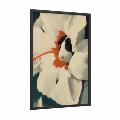 Floral Guinea Pig framed art print — black wood frame — cream and peach palette
