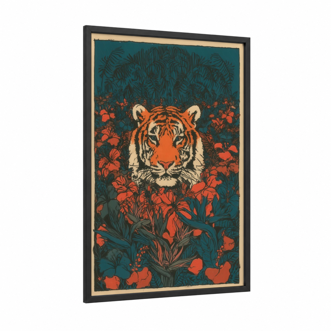 Floral Tiger Portrait framed art print — black wood frame — orange and teal palette