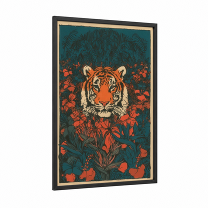 Floral Tiger Portrait framed art print — black wood frame — orange and teal palette