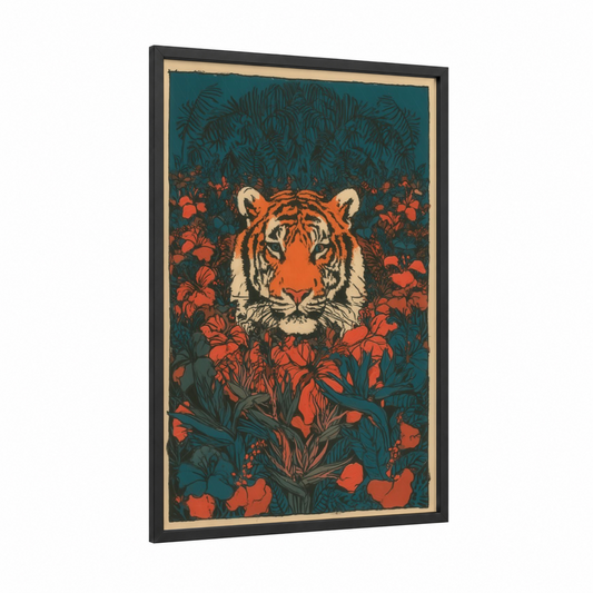 Floral Tiger Portrait framed art print — black wood frame — orange and teal palette