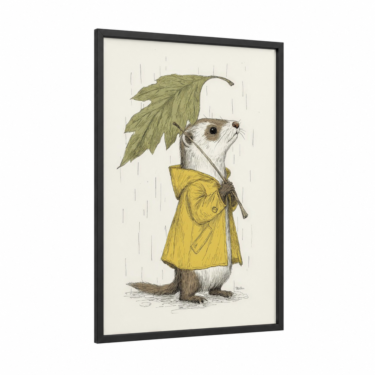 Rainy Day Weasel framed art print — black wood frame — yellow gold and light green palette