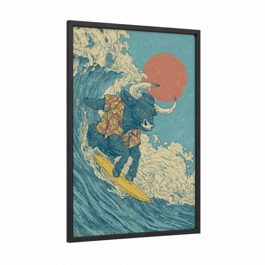 Surfing Yak framed art print — black wood frame — teal and cream palette