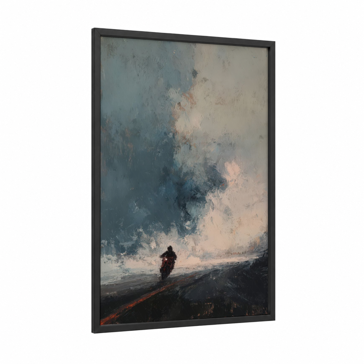 Desert Rider framed vintage motorcycle print — black wood frame — dove gray and blue palette