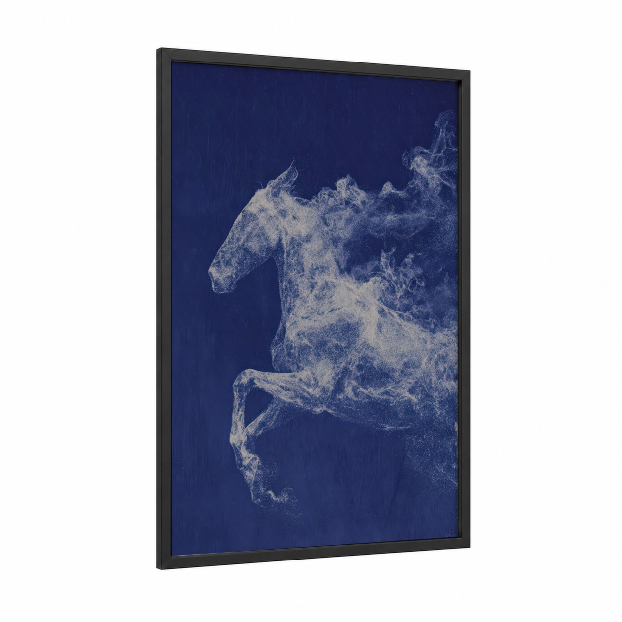 Ethereal Mule framed art print — black wood frame — dark blue and white palette