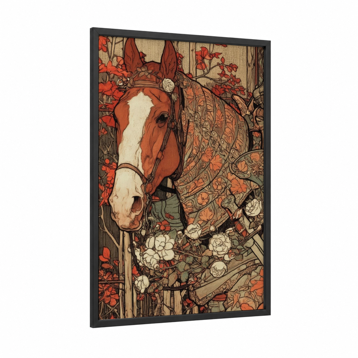 Floral Quarter Horse framed art print — black wood frame — red and cream palette