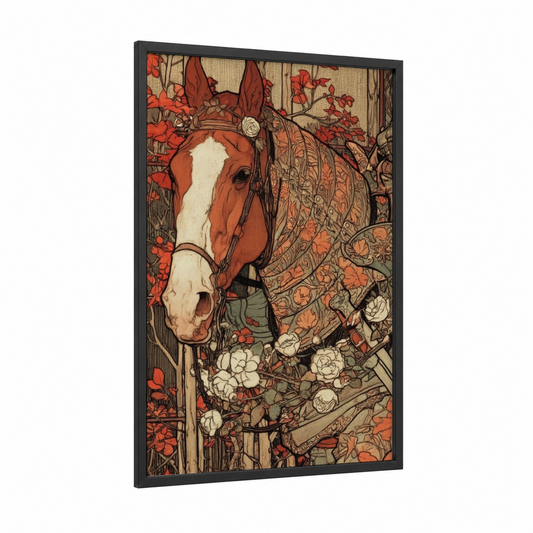 Floral Quarter Horse framed art print — black wood frame — red and cream palette