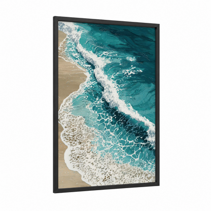 Turquoise Wave Seascape framed seascapes and ocean print — black wood frame — turquoise and cream palette
