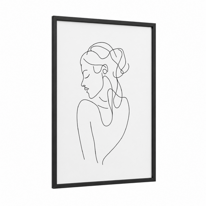 Elegant Profile Line framed hair print — black wood frame — black and white palette
